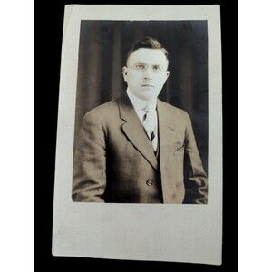 Man Glasses Suit Portrait RPPC Postcard AZO 4 Arrows Up Unposted White Border